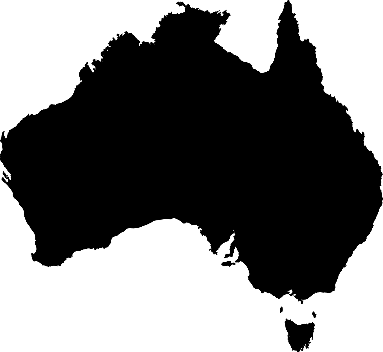 Black silhouette of the map of Australia on a transparent background.