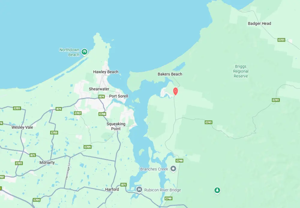 Map showing Port Sorell area with nearby beaches Northdown, Hawley, Bakers, and surrounding towns like Wesley Vale, Moriarty, Harford, and Badger Head.
