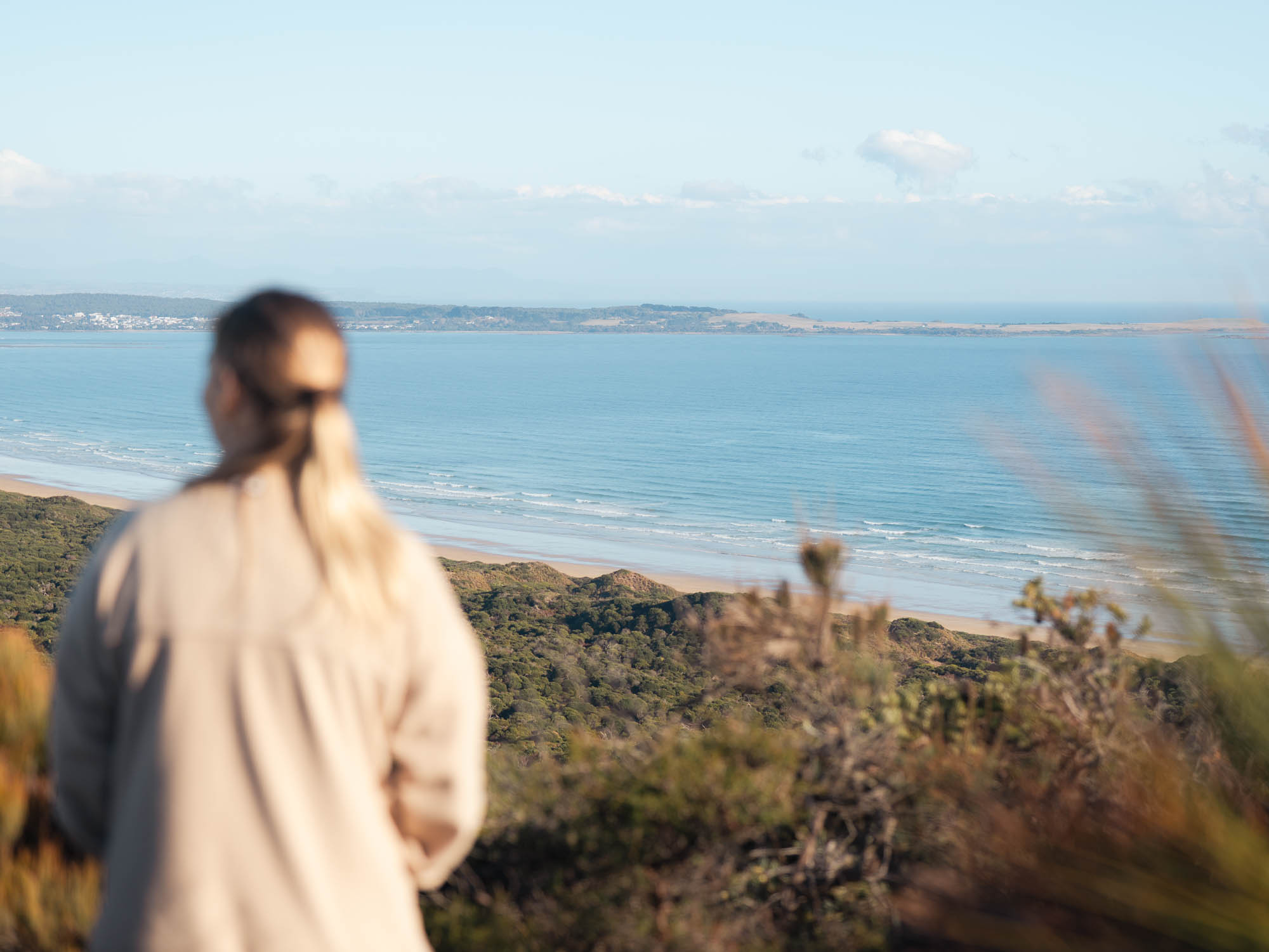 Person with long blonde hair standing on a hill overlooking a coastal landscape with a sandy beach, ocean waves, and distant land under a partly cloudy sky.